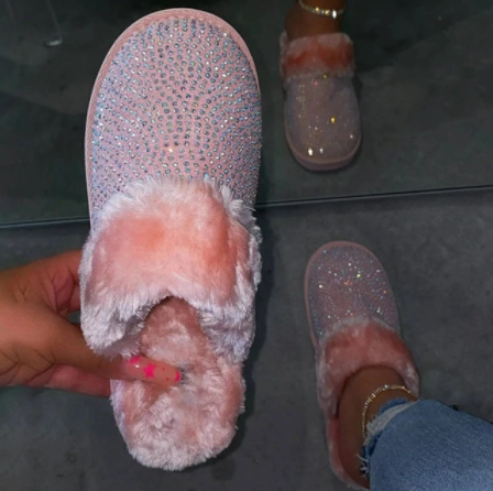 pink faux fur slippers with rhinestones