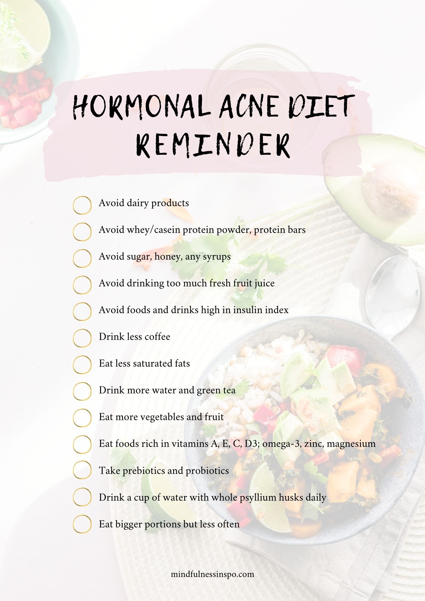 blogpost image. healthy food. text: hormonal acne diet reminder. more on mindfulnessinspo.com