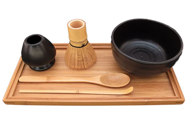 matcha bowl set Bamboo Whisk, Ceramic Bowl, Ceramic Rest, Bamboo Teaspoon, Bamboo Tray, Bamboo Chasaku